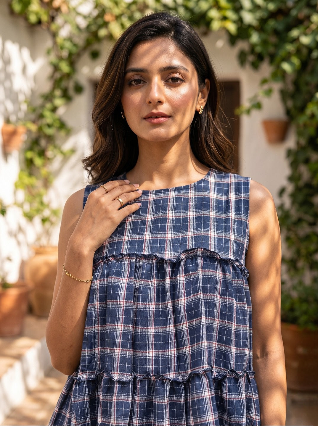 Women's Premium Linen Cotton Co-Ord Set | Sleeveless Checked Summer Co-Ord Set with Relaxed Pants | Casual Chic Everyday Wear