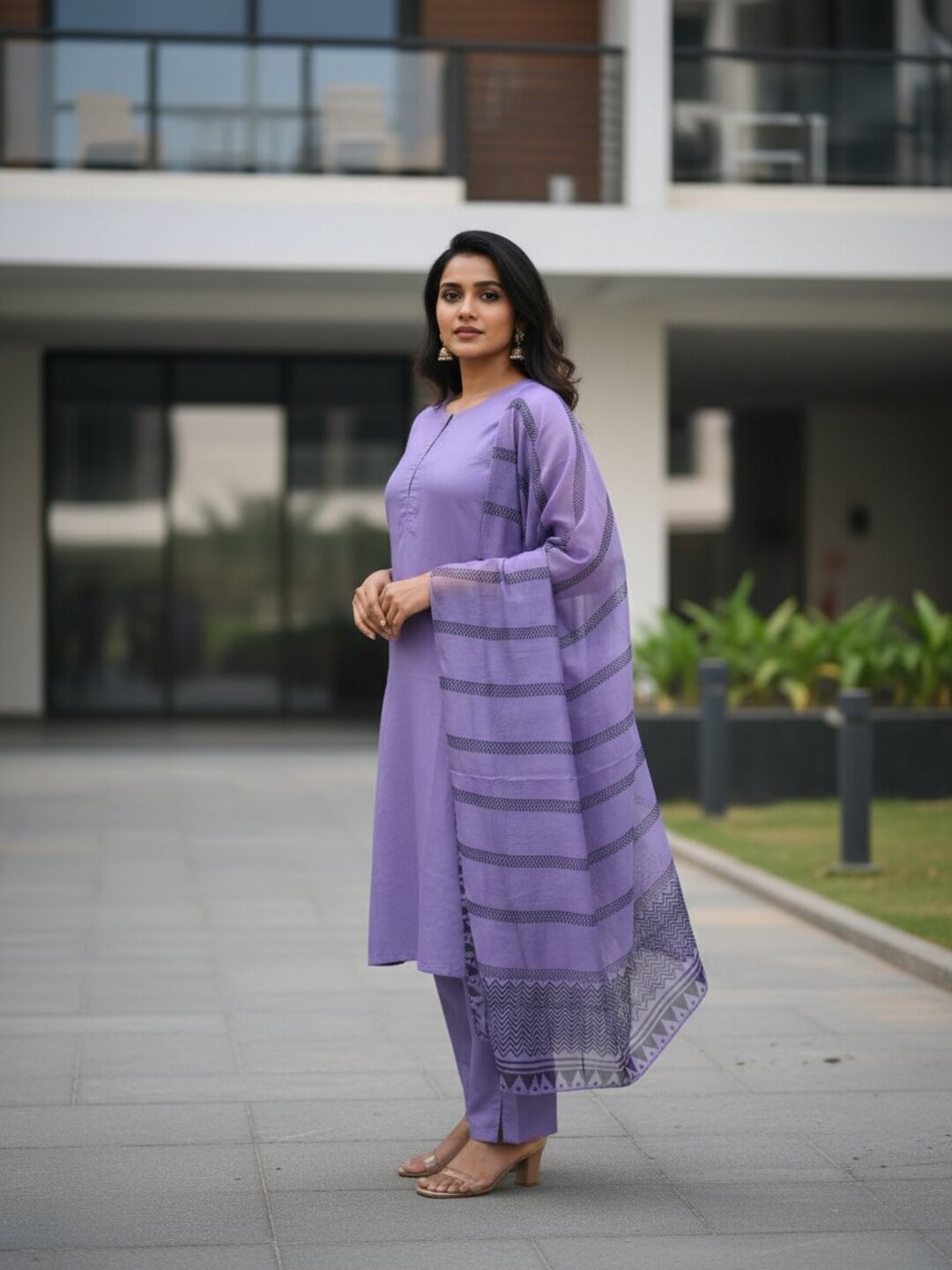 Purple 3 Piece Kurta Set for Women with Printed Dupatta | Elegant Straight Kurti Pant Set | Office Wear, Festive Wear & Daily Wear Ethnic Suit