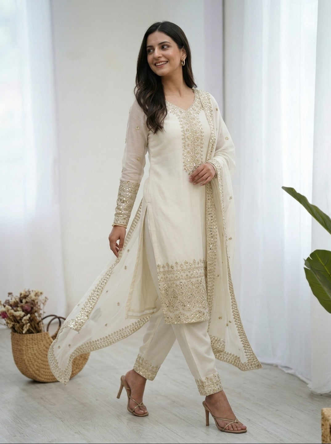 Off White Chinon Silk Embroidered Kurta Set with Dupatta | Straight Fit Ethnic Suit for Women | Festive & Party Wear