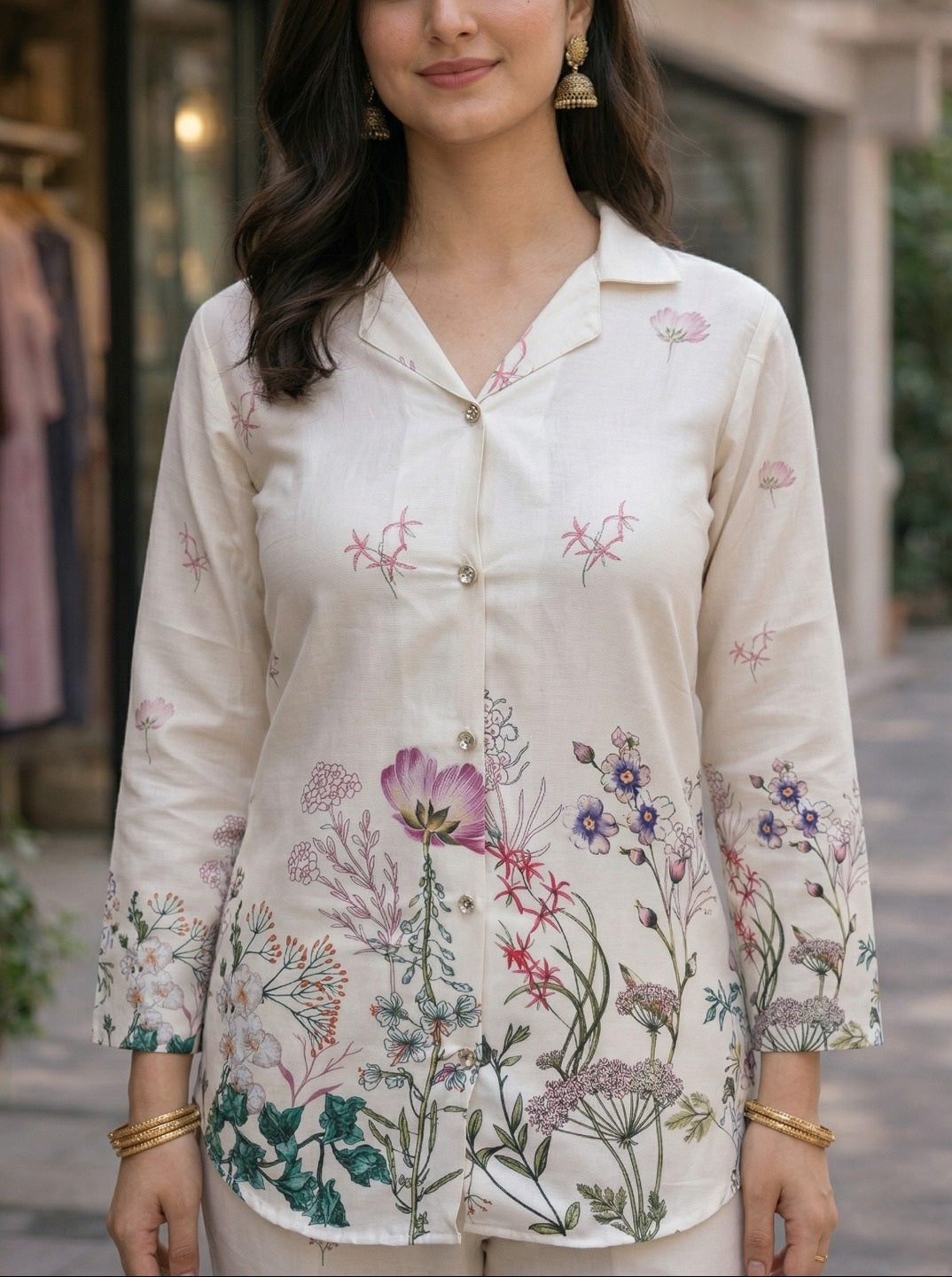 Off White Floral Printed Co-ord Set for Women | Rayon Slub Shirt & Pant Set | Casual Elegant Two Piece Outfit