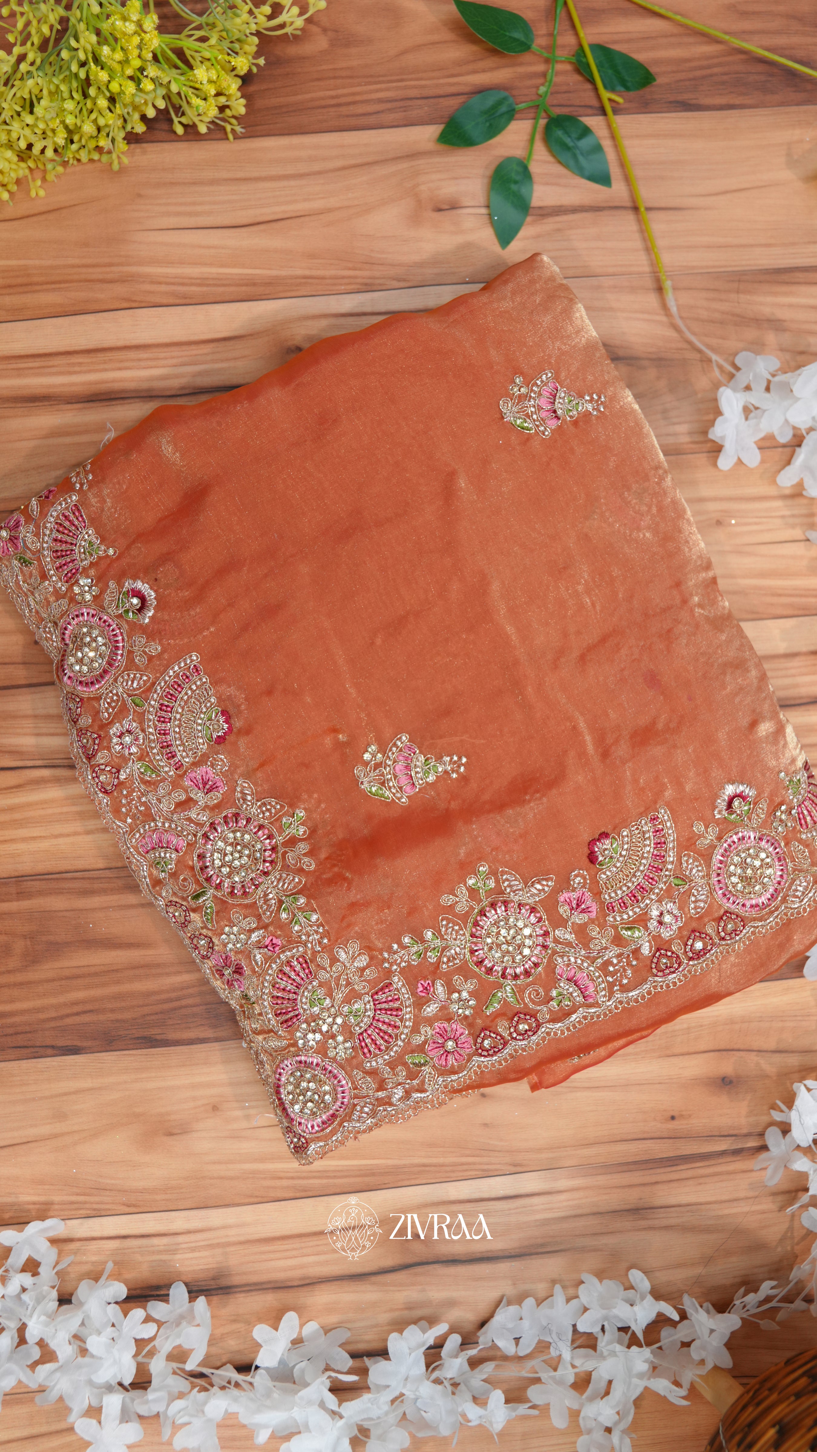 Sea Green shimmer silk Saree with Pink & Gold Floral Embroidery Border