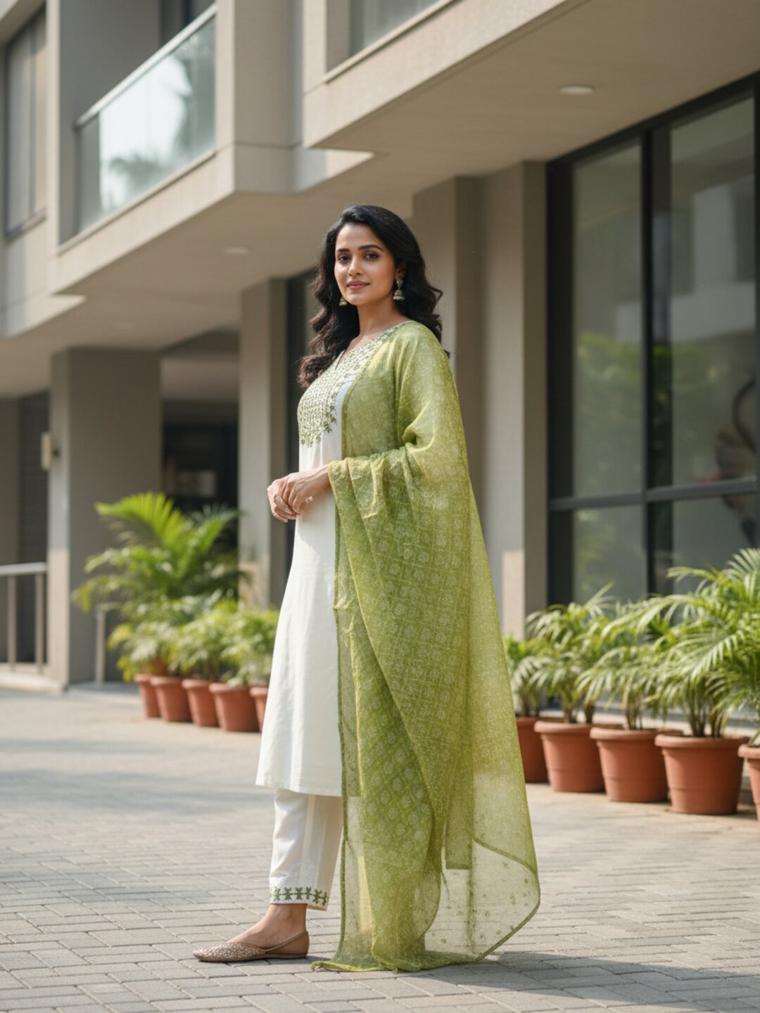 Off White & Olive Green 3 Piece Kurta Set for Women with Dupatta | Elegant Embroidered Kurti Pant Set | Festive Wear, Office Wear & Traditional Ethnic Suit