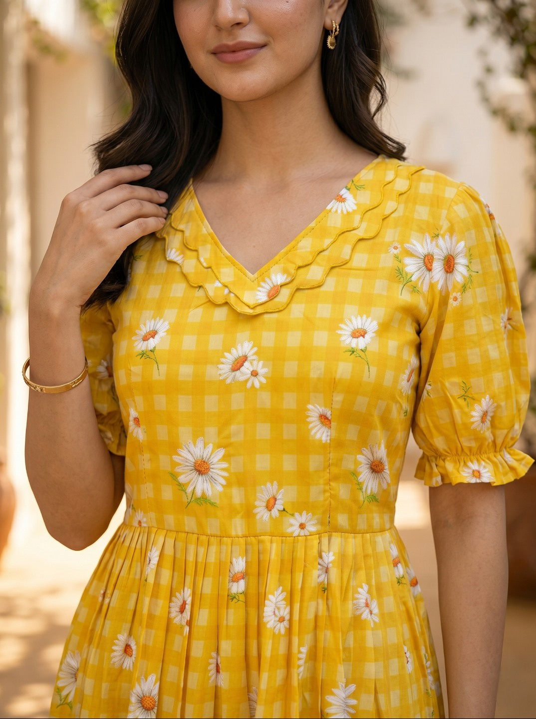 Women’s Sunshine Yellow Muslin Silk Gingham Print Floral Midi Kurta | Elegant Summer Casual Dress for Women