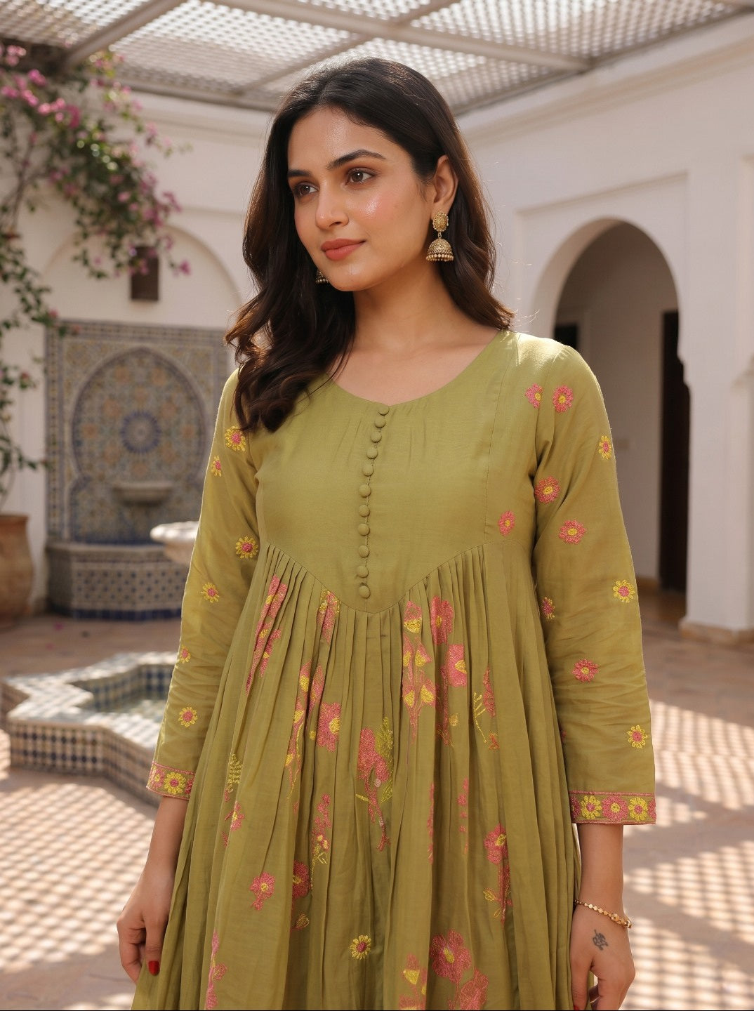 Premium Floral Printed Mal Chanderi Kurta Set for Women with Roman Silk Pant | Elegant Festive & Ethnic Wear