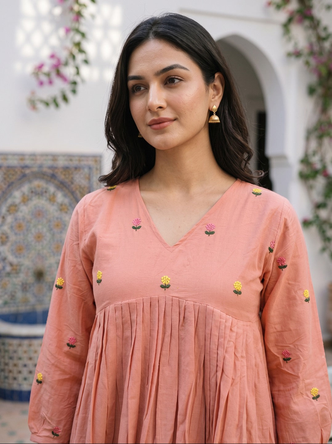 Women Pure Cotton Floral Embroidered A-Line Anarkali Kurta with Straight Pants | Summer Kurta Set