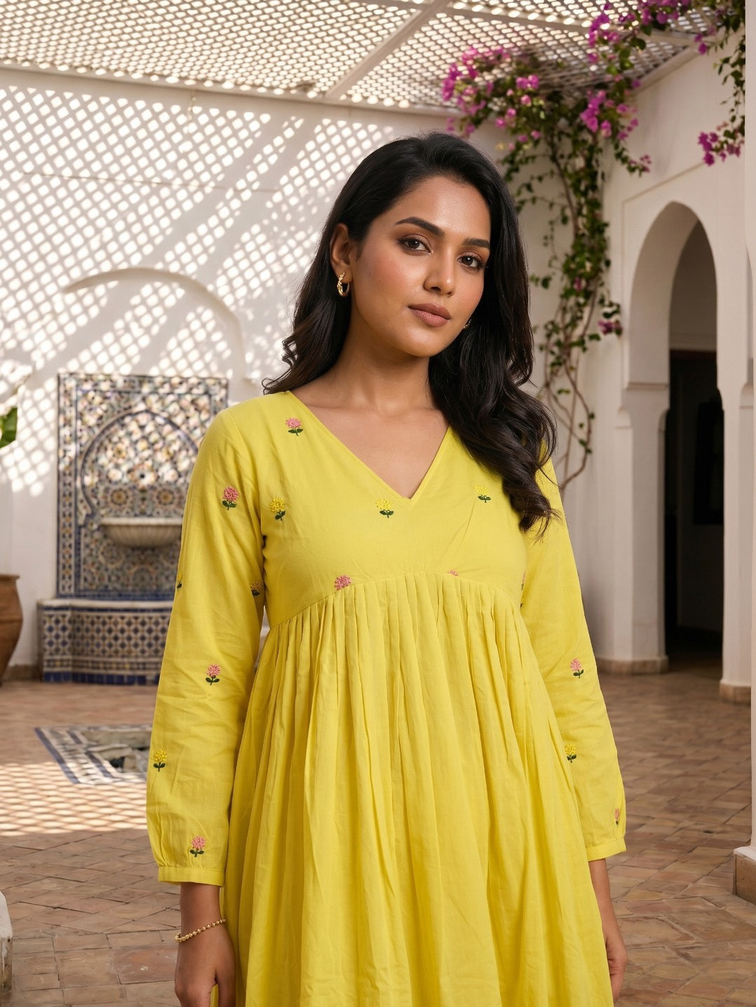 Women Pure Cotton Floral Embroidered A-Line Anarkali Kurta with Straight Pants | Summer Kurta Set