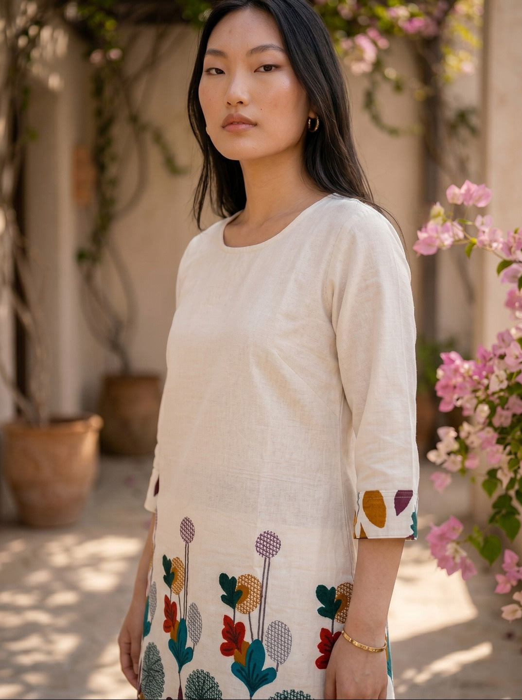 Women's Off White Khadi Cotton Floral Printed Co-Ord Set | Premium Comfort Fit Kurti & Palazzo Set | Elegant Casual & Summer Wear