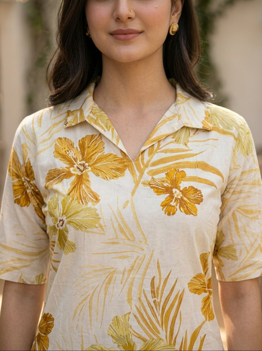 Mustard Floral Printed Vartican Silk Co-Ord Set for Women | Premium Summer Co-Ord Set with Collar Neck & Straight Pant