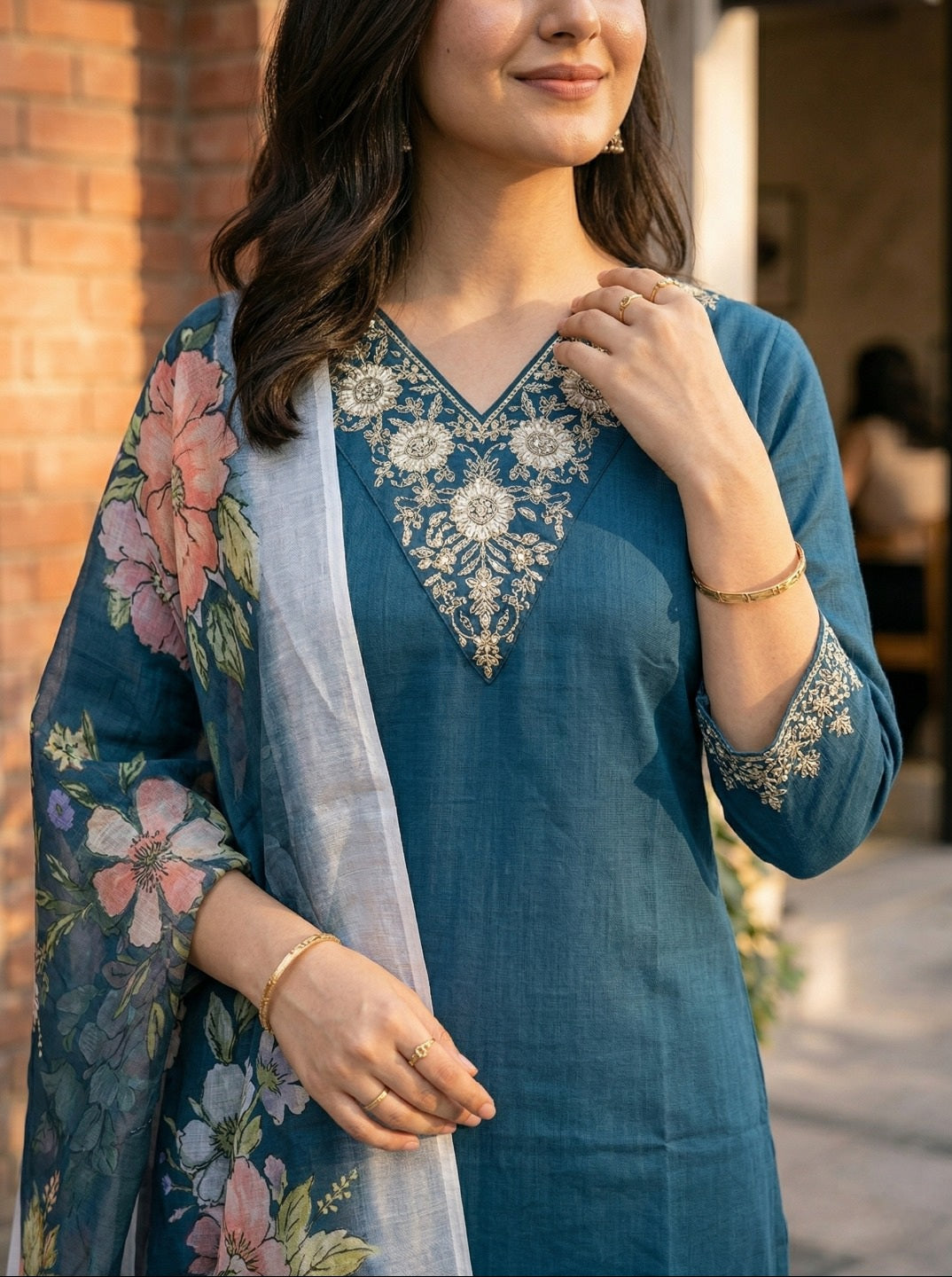Women Rayon Slub Kurta Set with Chanderi Floral Digital Print Dupatta | Elegant Ethnic Suit Set