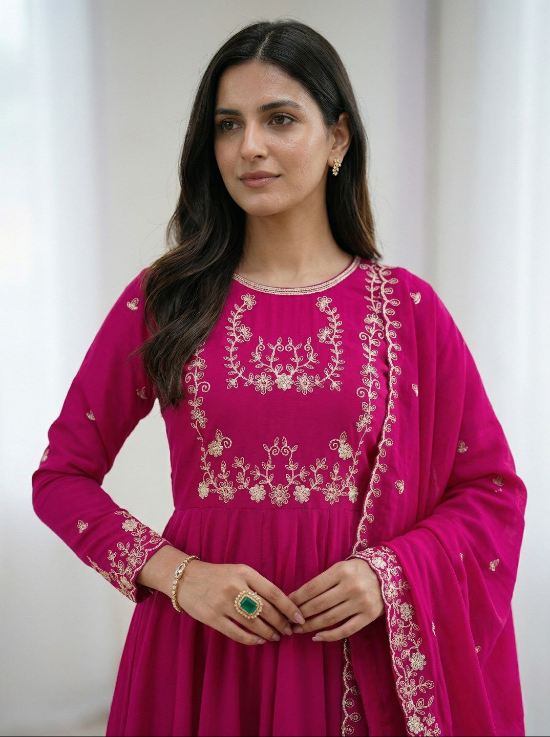 Dark Pink Anarkali Kurta Set with Dupatta & Pant | Roman Chanderi Silk Fully Flared Ethnic Wear for Women | Festive & Wedding Collection