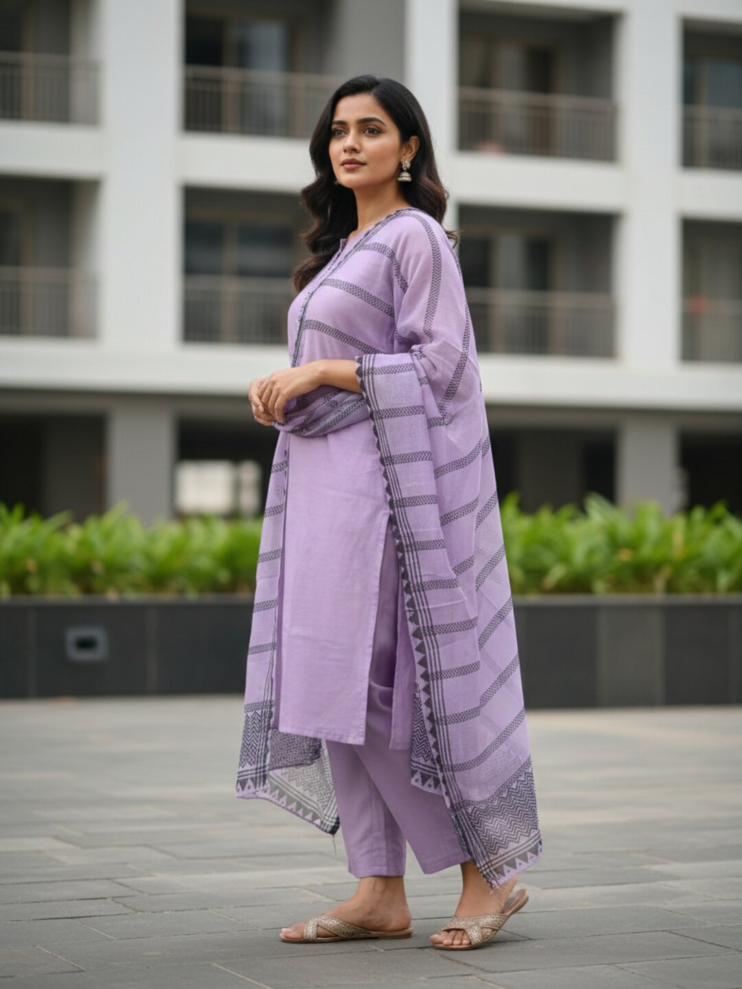 Lavender 3 Piece Kurta Set for Women with Printed Dupatta | Elegant Straight Kurti Pant Set | Trending Ethnic Wear for Office, Festive & Daily Wear
