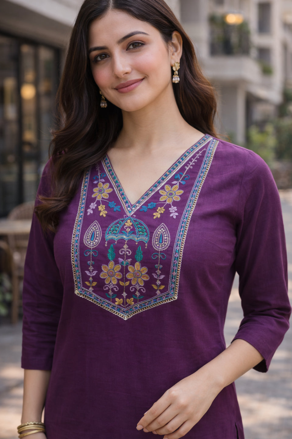 Women Purple Embroidered Straight Kurti | Stylish V-Neck Ethnic Kurta for Women | Casual Office Wear Long Kurti