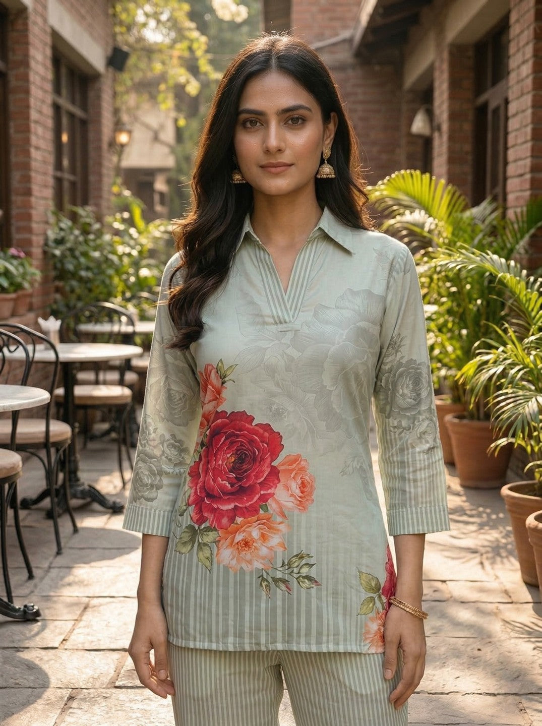 Women Sage Green Floral Printed Co-Ord Set | Straight Kurta & Striped Pant Set | Casual Ethnic Wear