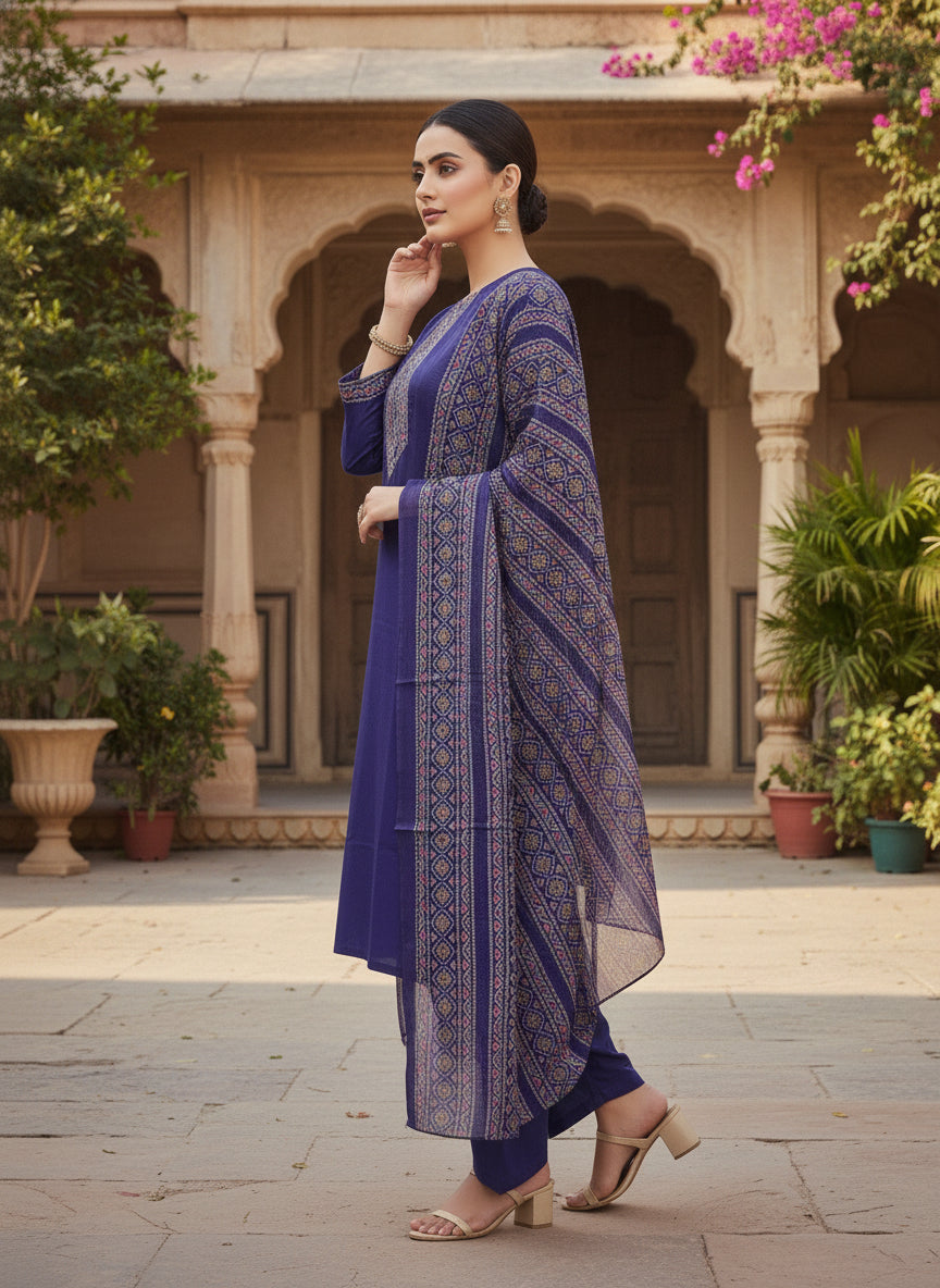 Women’s Purple Ethnic Motifs Yoke Design Kurta Set with Palazzos & Dupatta – Elegant Straight Fit Festive Wear
