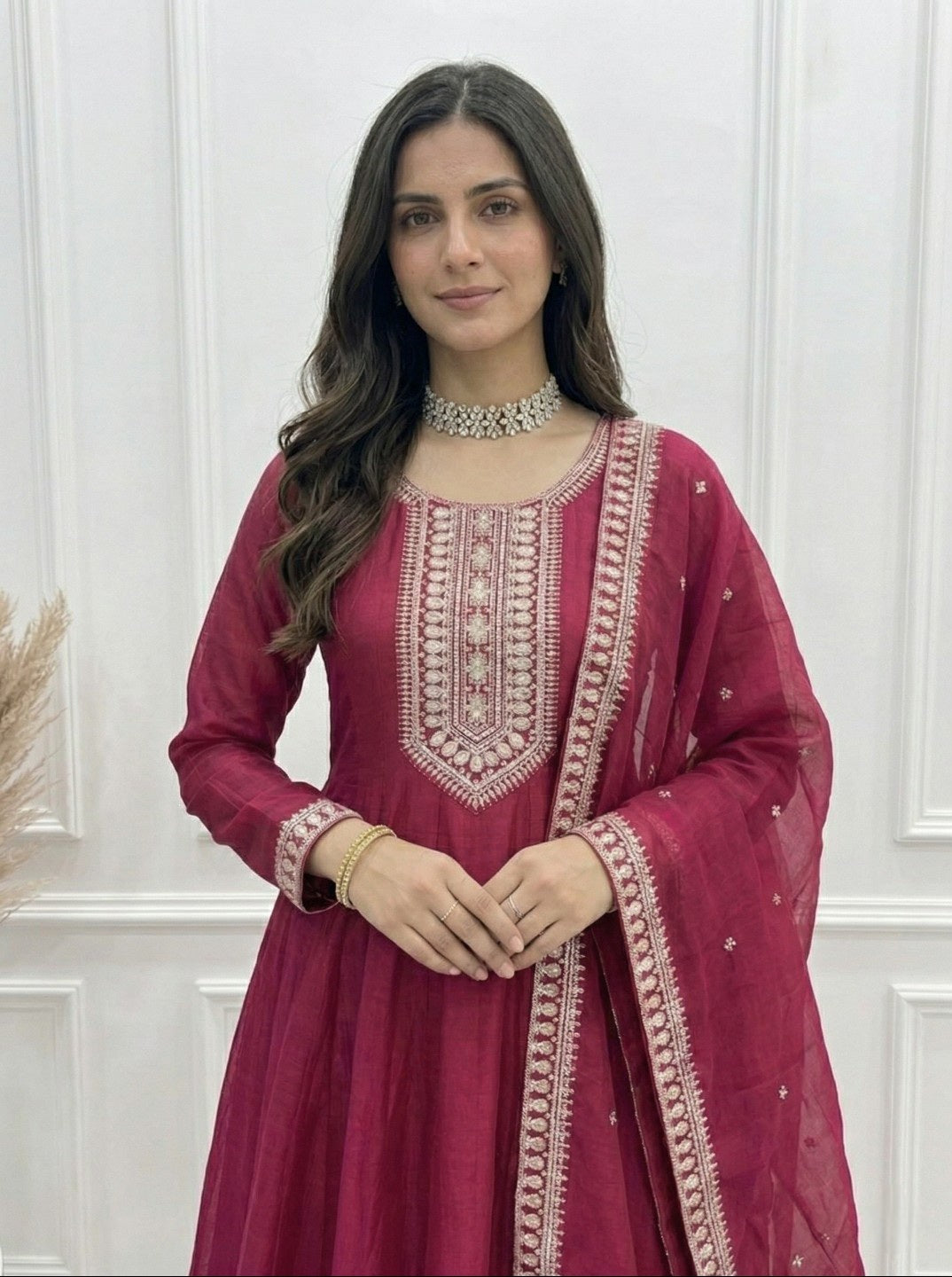 Dark Pink Pure Vichitra Silk Anarkali Kurta Set with Dupatta | Heavy Embroidered Party Wear Gown Set for Women