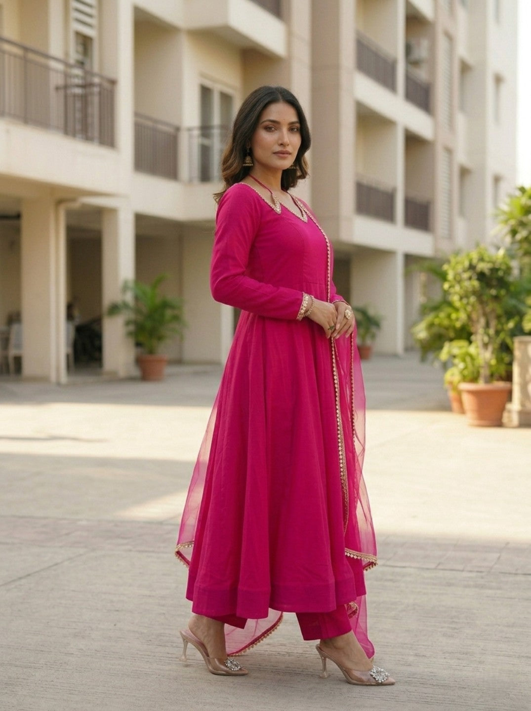Anarkali Kurta Set with Net Dupatta | Roman Silk Chanderi Festive Wear for Women