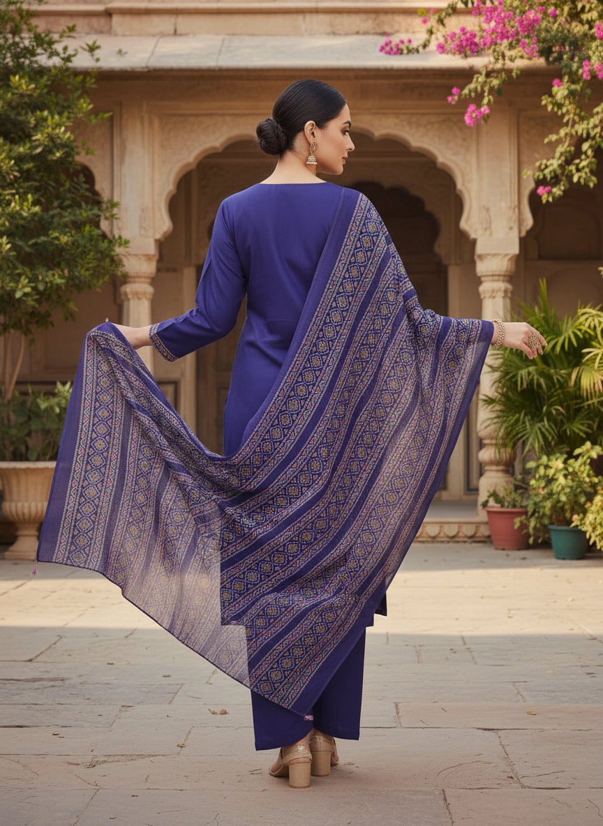 Women’s Purple Ethnic Motifs Yoke Design Kurta Set with Palazzos & Dupatta – Elegant Straight Fit Festive Wear