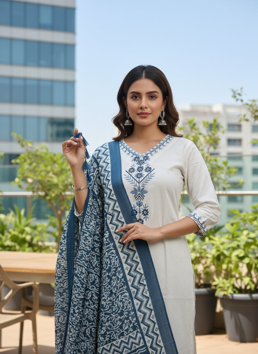 Elegant Off White & Blue Printed 3 Piece Kurta Set for Women – Straight Fit Kurta with Pant & Tassel Dupatta | Festive, Office & Casual Ethnic Wear