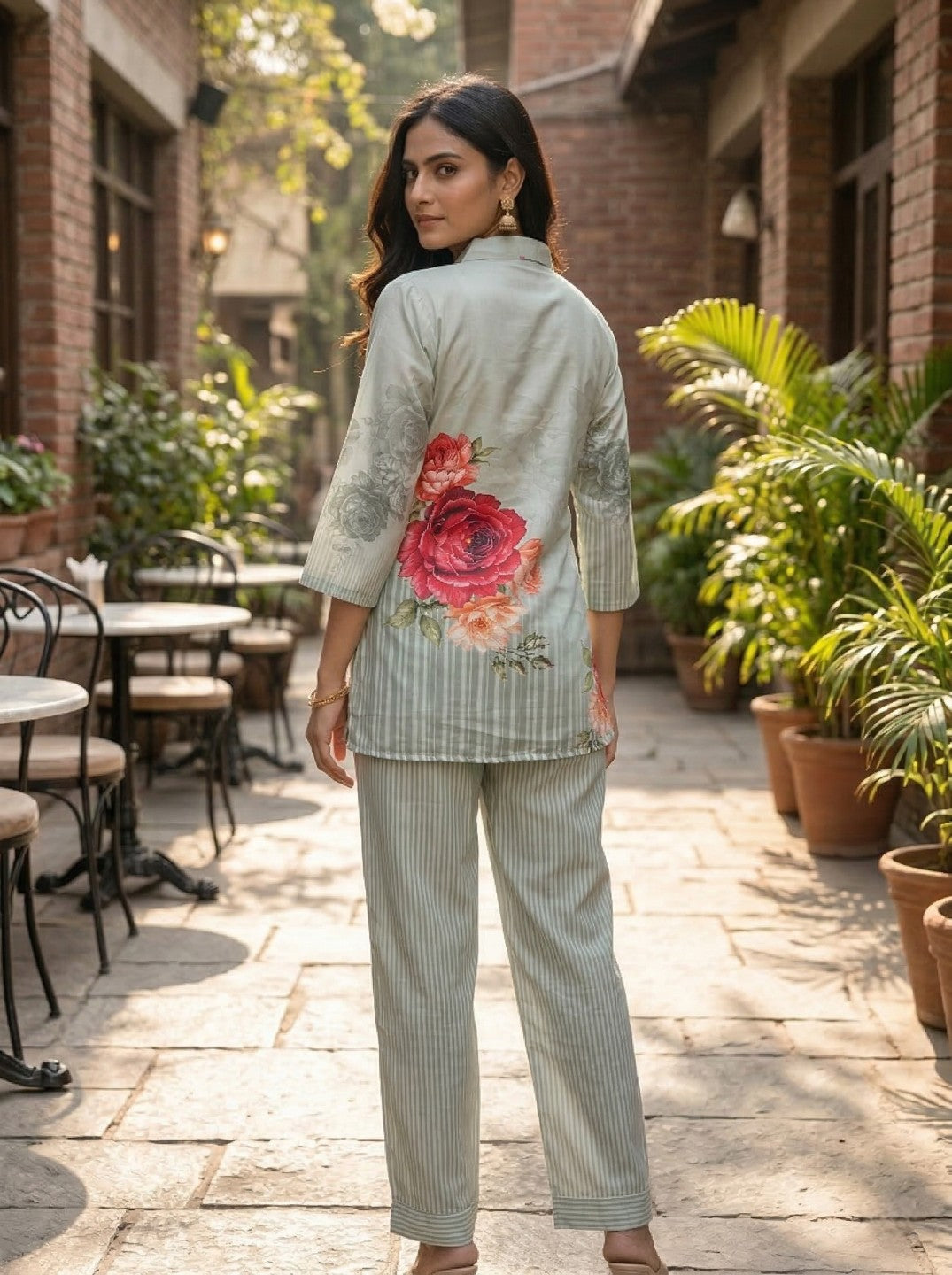 Women Sage Green Floral Printed Co-Ord Set | Straight Kurta & Striped Pant Set | Casual Ethnic Wear