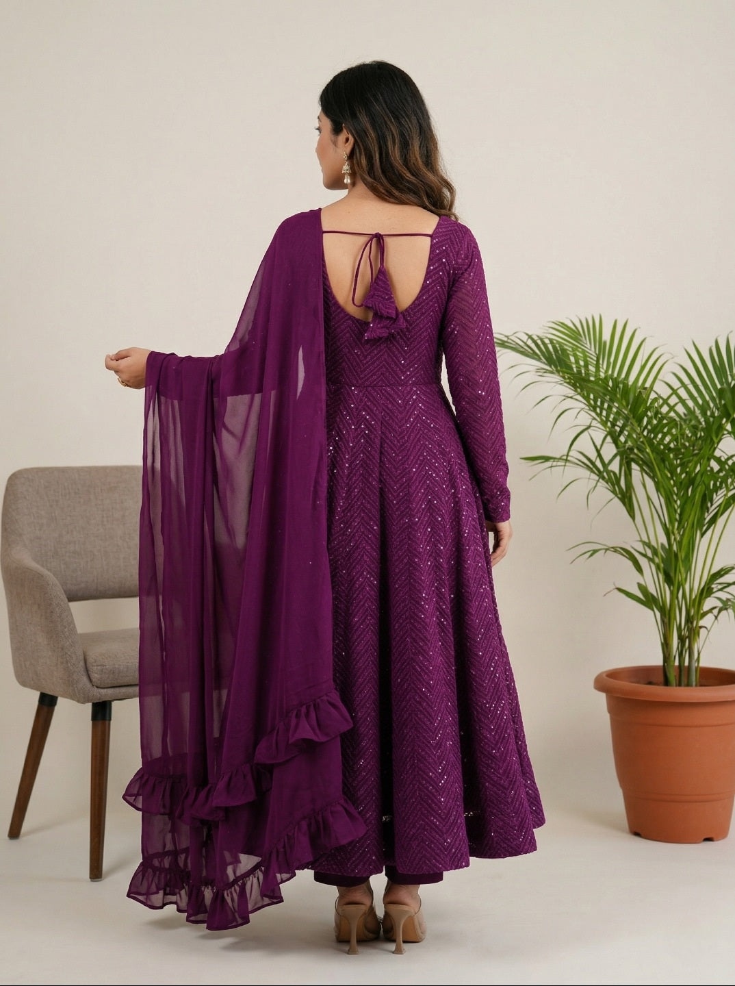 Georgette Anarkali Suit Set with Dupatta | Designer Lucknowi Embroidered Ethnic Wear