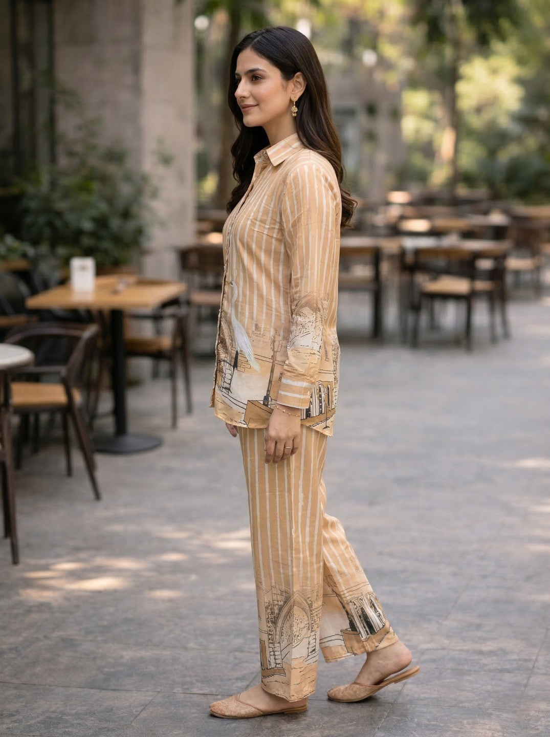 Women Mustard Printed Co-Ord Set | Shirt Style Kurta & Striped Pants | Trendy Casual Ethnic Wear