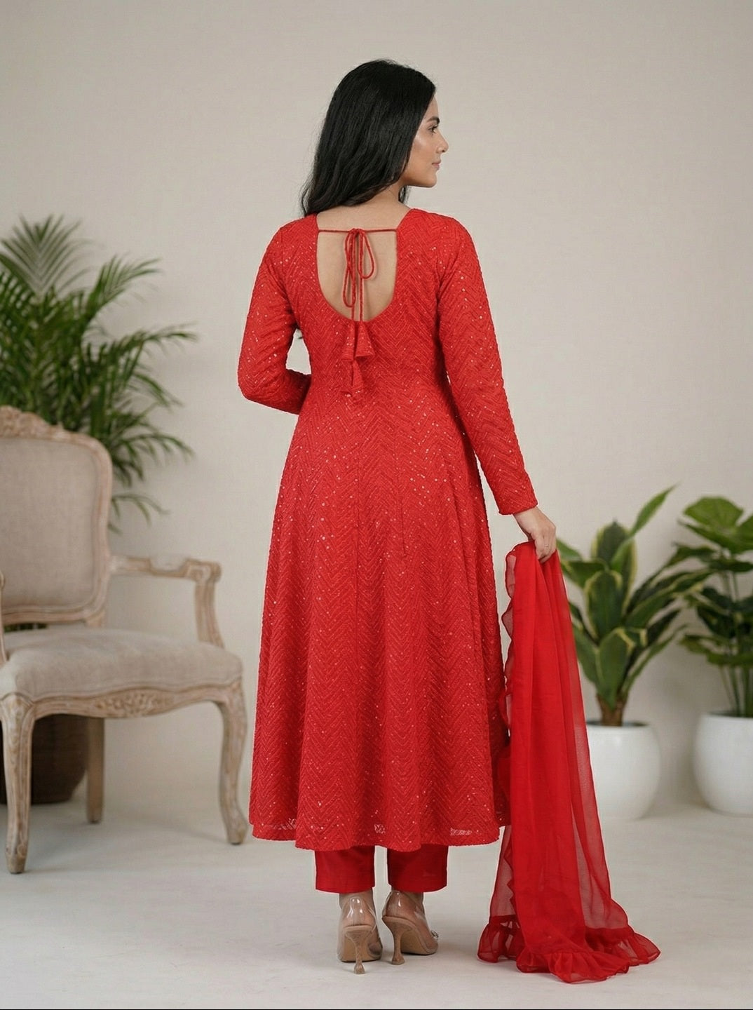 Georgette Anarkali Suit Set with Dupatta | Designer Lucknowi Embroidered Ethnic Wear