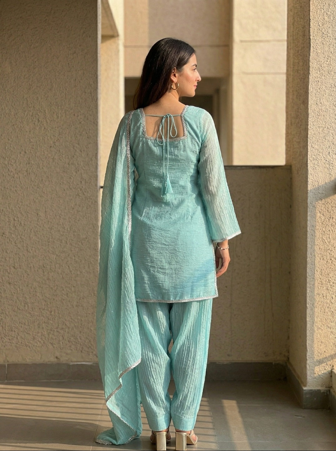 Women Crunchy Silk Kurta Set with Farshi Salwar & Dupatta | Sirovski Work Ethnic Suit
