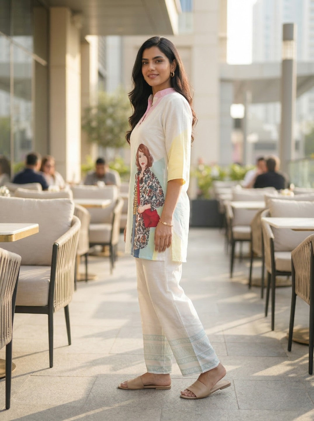 Women White Printed Co-Ord Set | Casual Kurta & Pant Set | Trendy Graphic Ethnic Wear