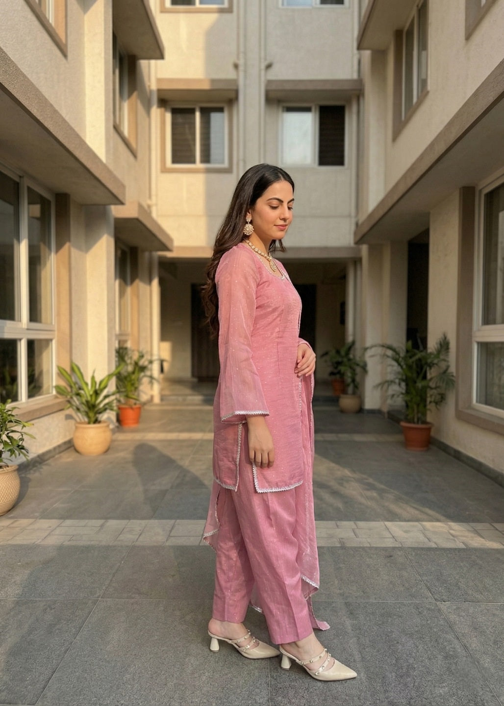 Women Crunchy Silk Kurta Set with Farshi Salwar & Dupatta | Sirovski Work Ethnic Suit