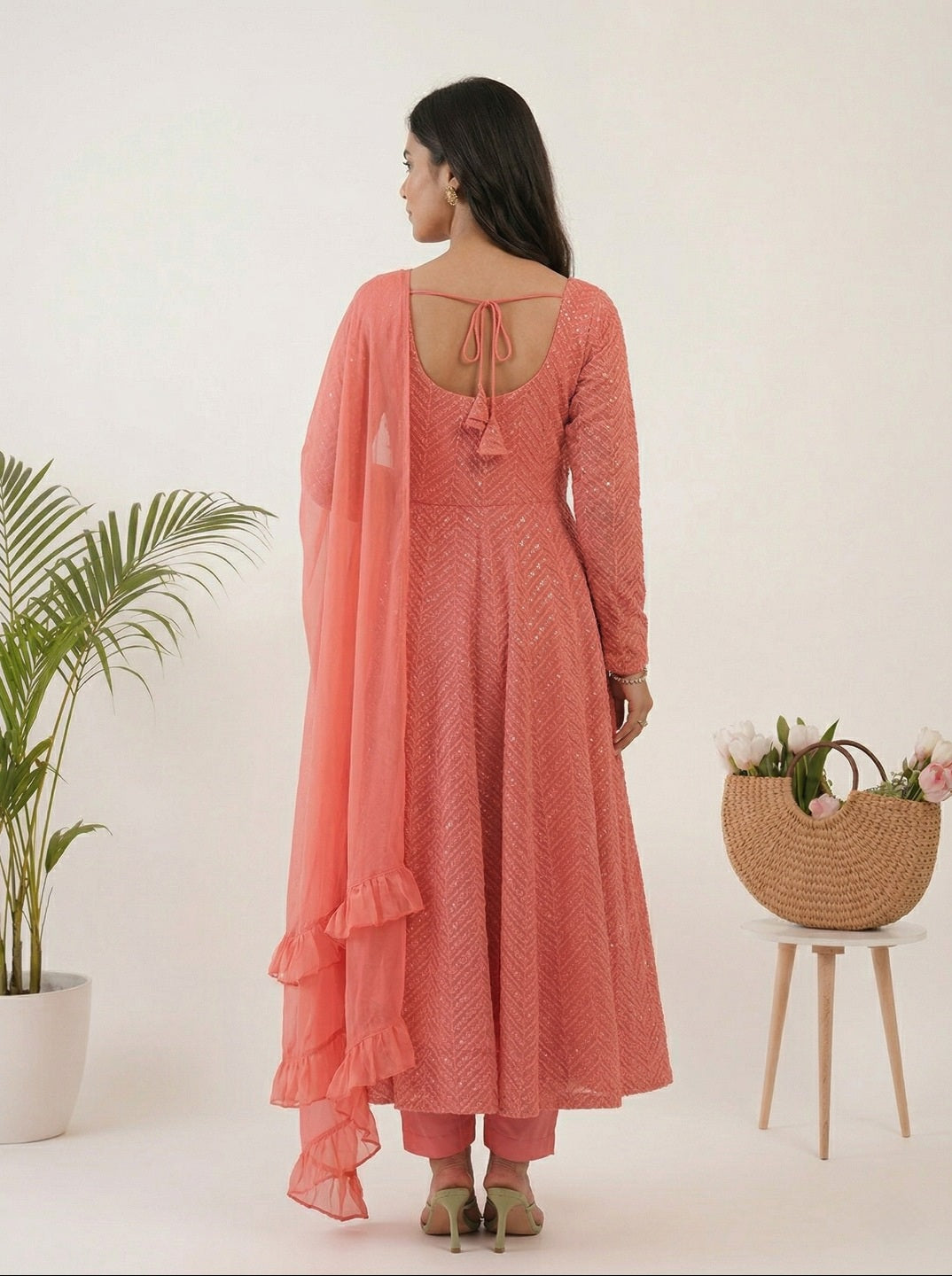 Georgette Anarkali Suit Set with Dupatta | Designer Lucknowi Embroidered Ethnic Wear