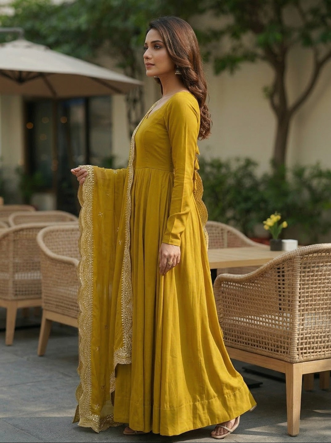 Roman Silk Chanderi Anarkali Kurta Set with Embroidered Dupatta & Pant | Fully Flared Festive Wear for Women