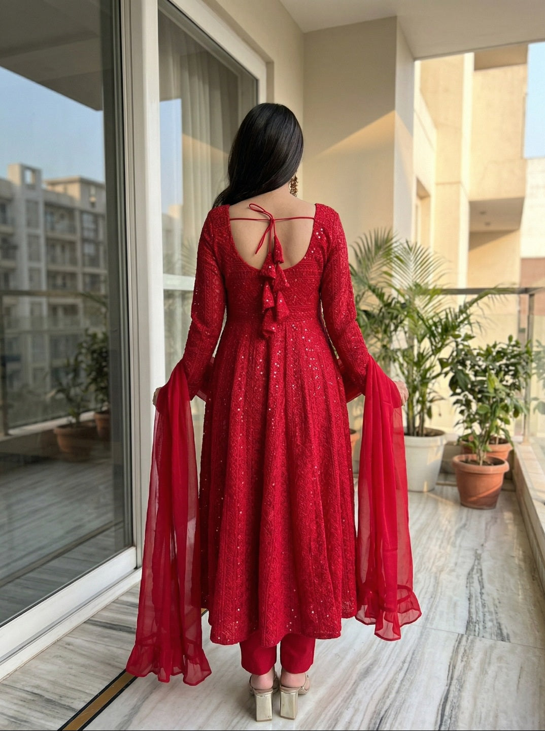 Lucknowi Georgette Anarkali Suit Set with Dupatta | Heavy Sequence Work Ethnic Wear for Women