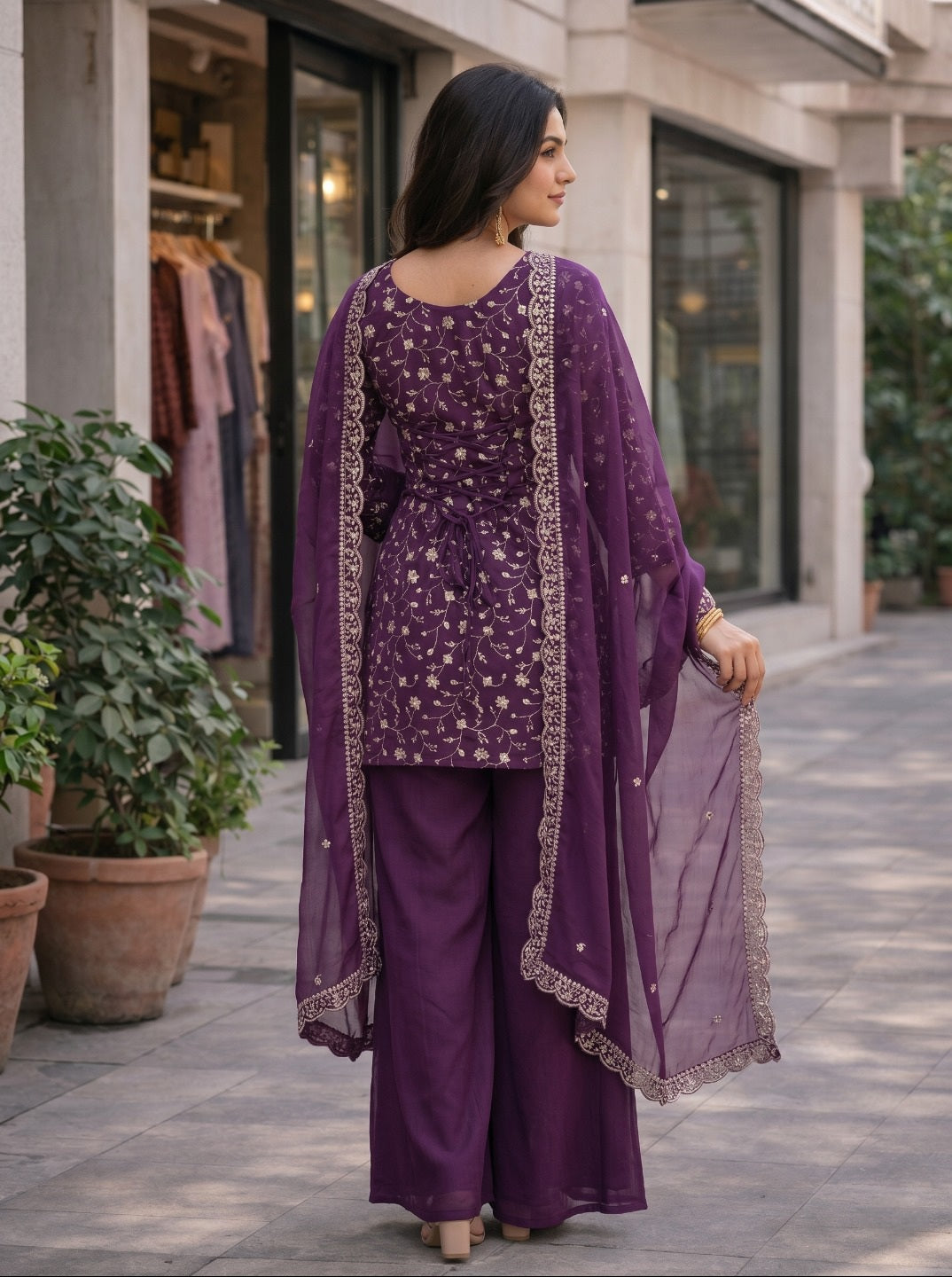 Purple Embroidered Crunchy Silk Kurta Set with Dupatta | Elegant Festive & Wedding Wear for Women