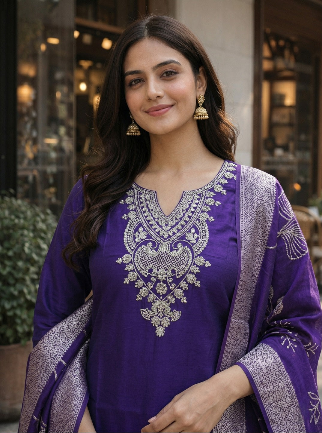 Purple Art Silk Kurta with Thread Embroidery and Matching Dupatta – Zivraa