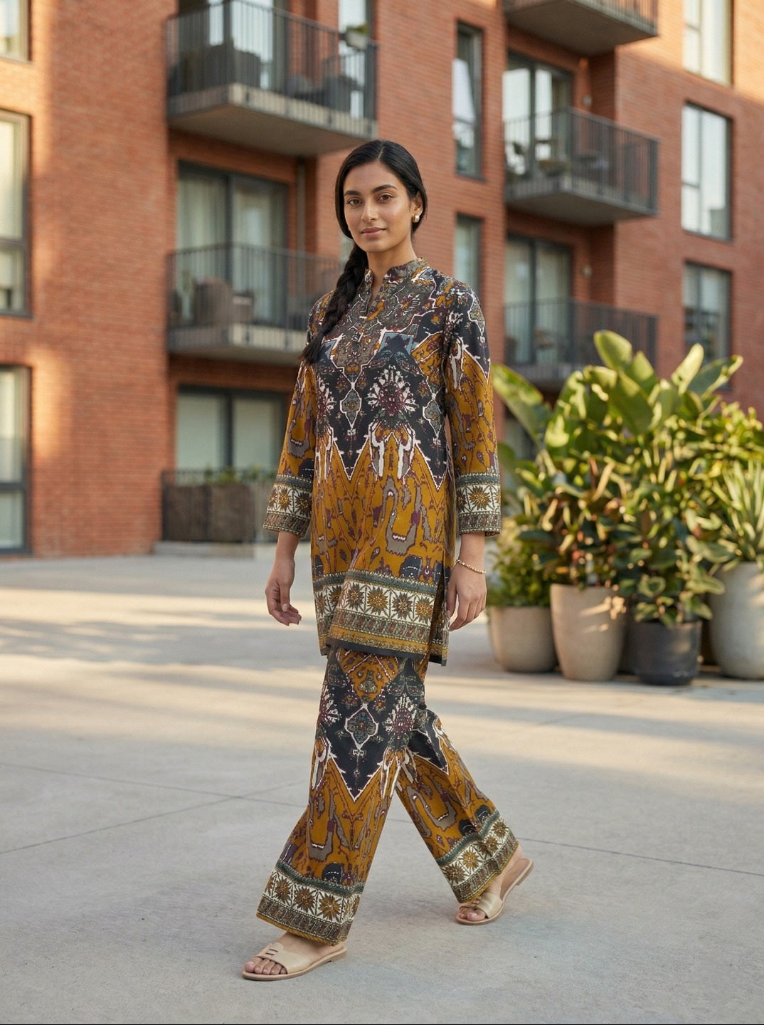 Abstract Printed Co-Ord Set with Mandarin Collar Top and Elasticated Trousers for Casual & Festive Wear
