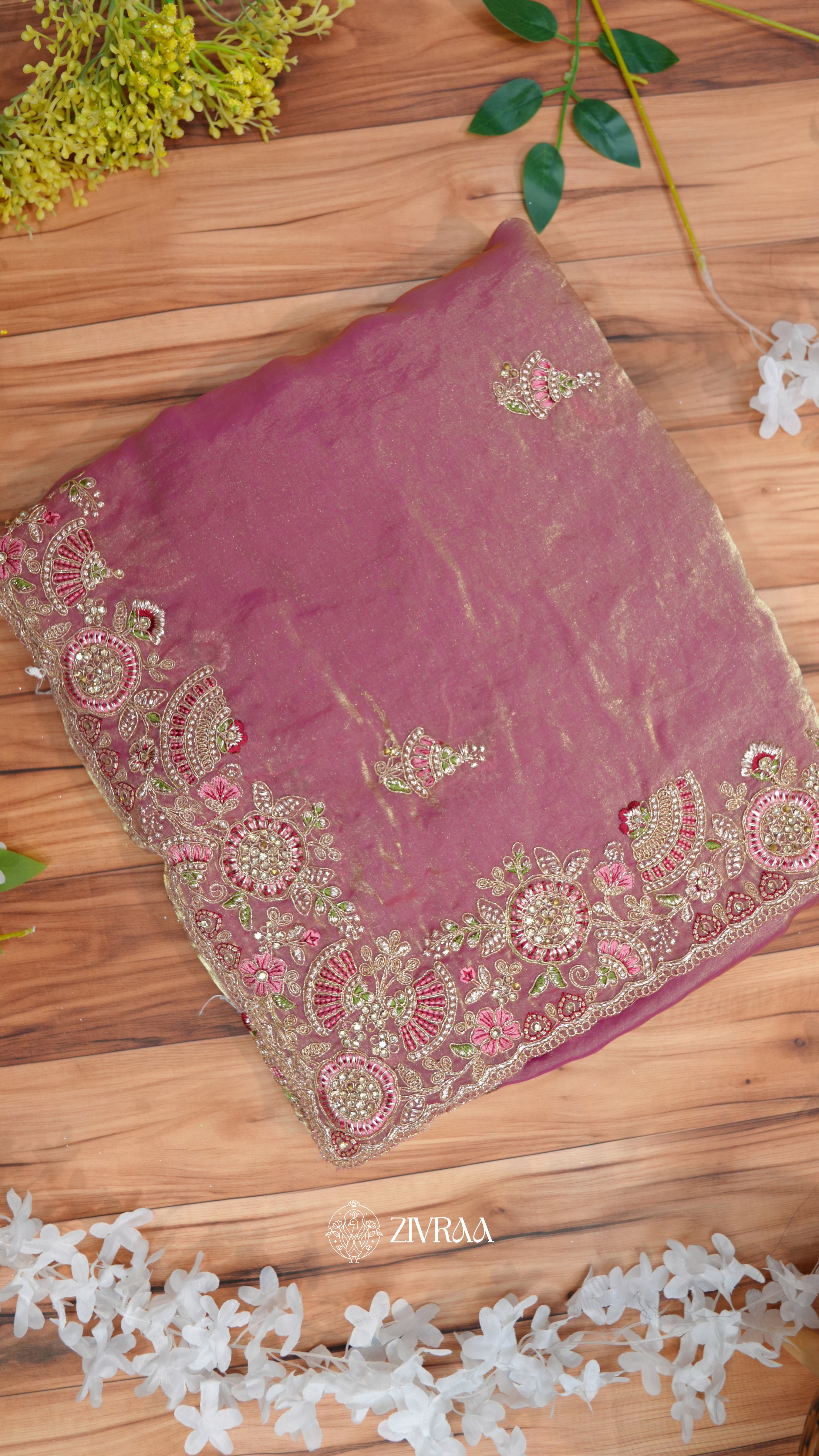 Sea Green shimmer silk Saree with Pink & Gold Floral Embroidery Border