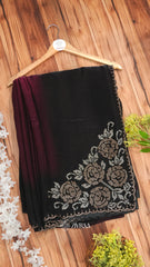 Elegant Black purple Designer Saree with Stone Floral Embellishment & Scalloped Border