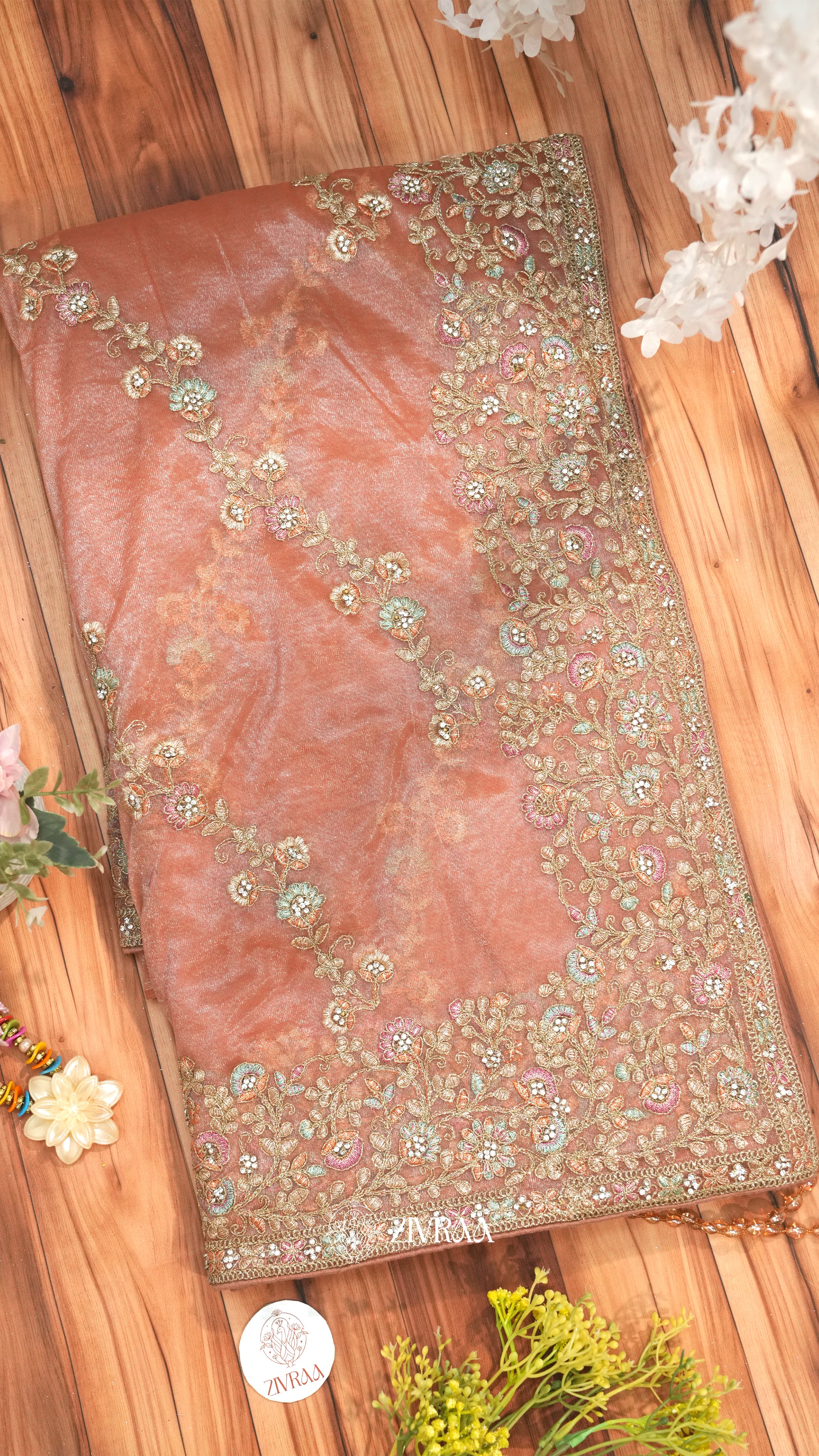 Lavender Shimmer net Saree with Heavy Floral Zari & Stone Embroidery Border