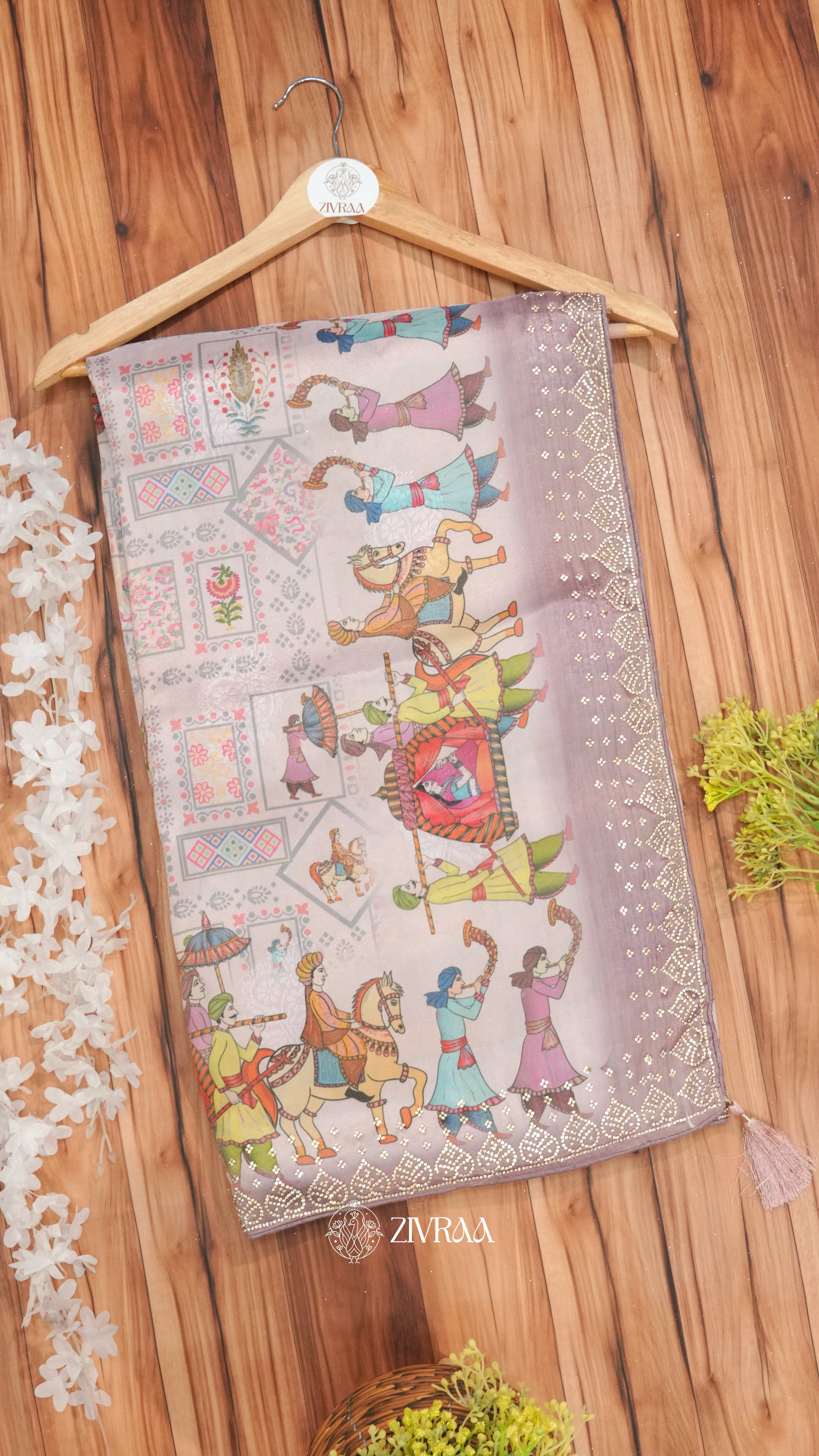 Olive Green Folk Art Printed Saree with Traditional Dance Motif & Embellished Border