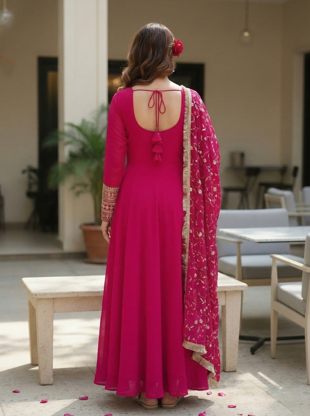Georgette Anarkali Gown Set with Embroidered Dupatta & Pant – Festive Wear | Fully Stitched