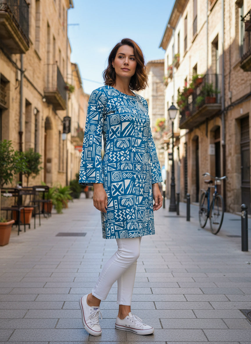 Blue Abstract Printed Straight Kurti for Women – Cotton Blend Round Neck Long Sleeve Casual & Office Wear