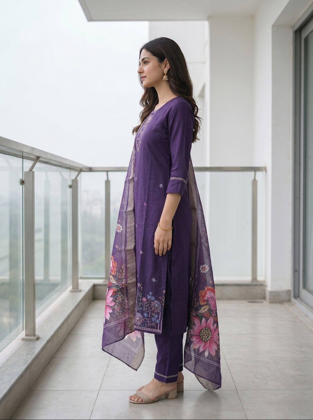Purple Roman Silk Embroidered Kurta Set with Organza Chanderi Dupatta | Elegant Ethnic 3 Piece Suit Set for Women