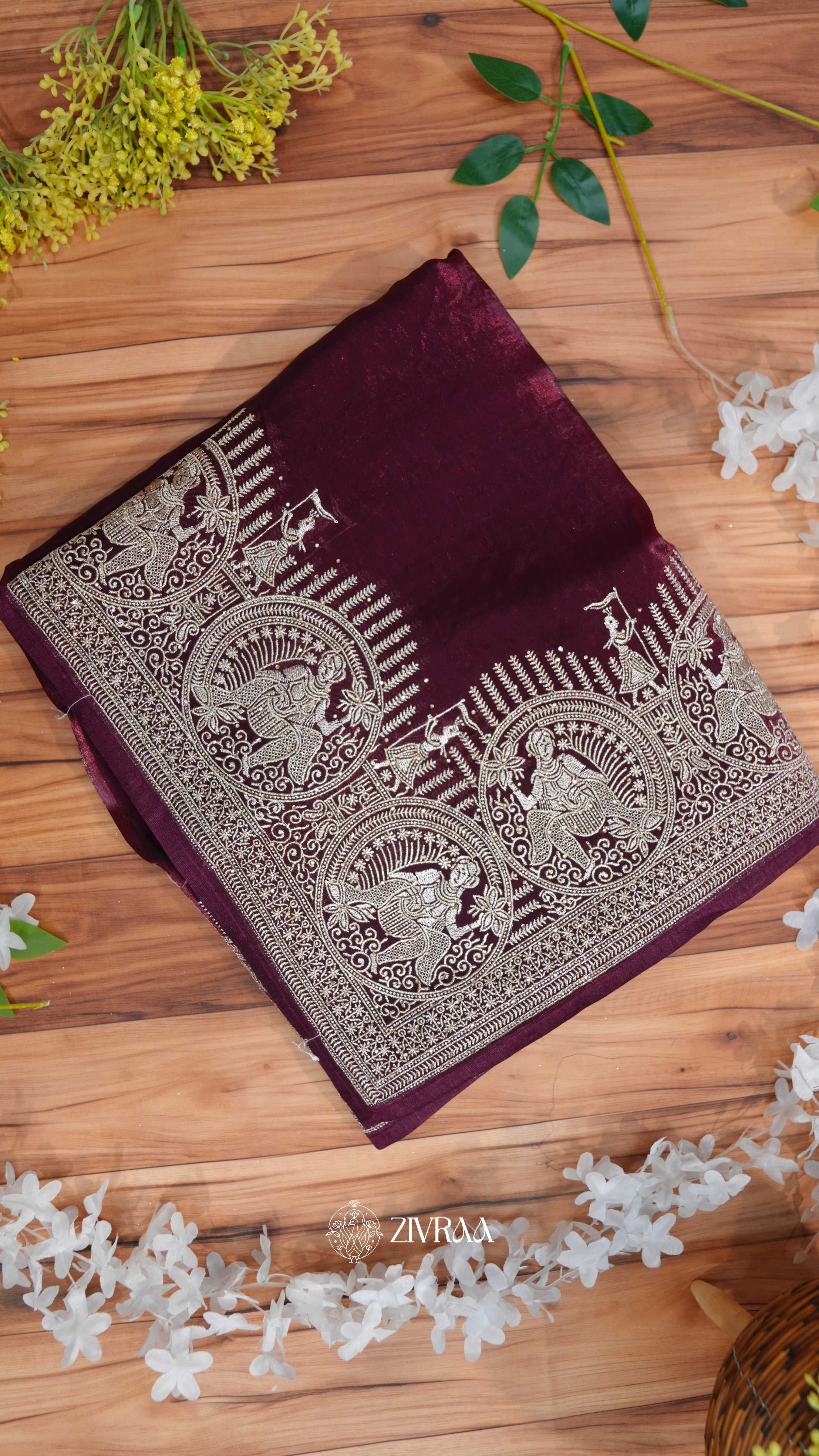 Elegant Rani Silk Saree with Traditional Silver Zari Motifs & Designer Border