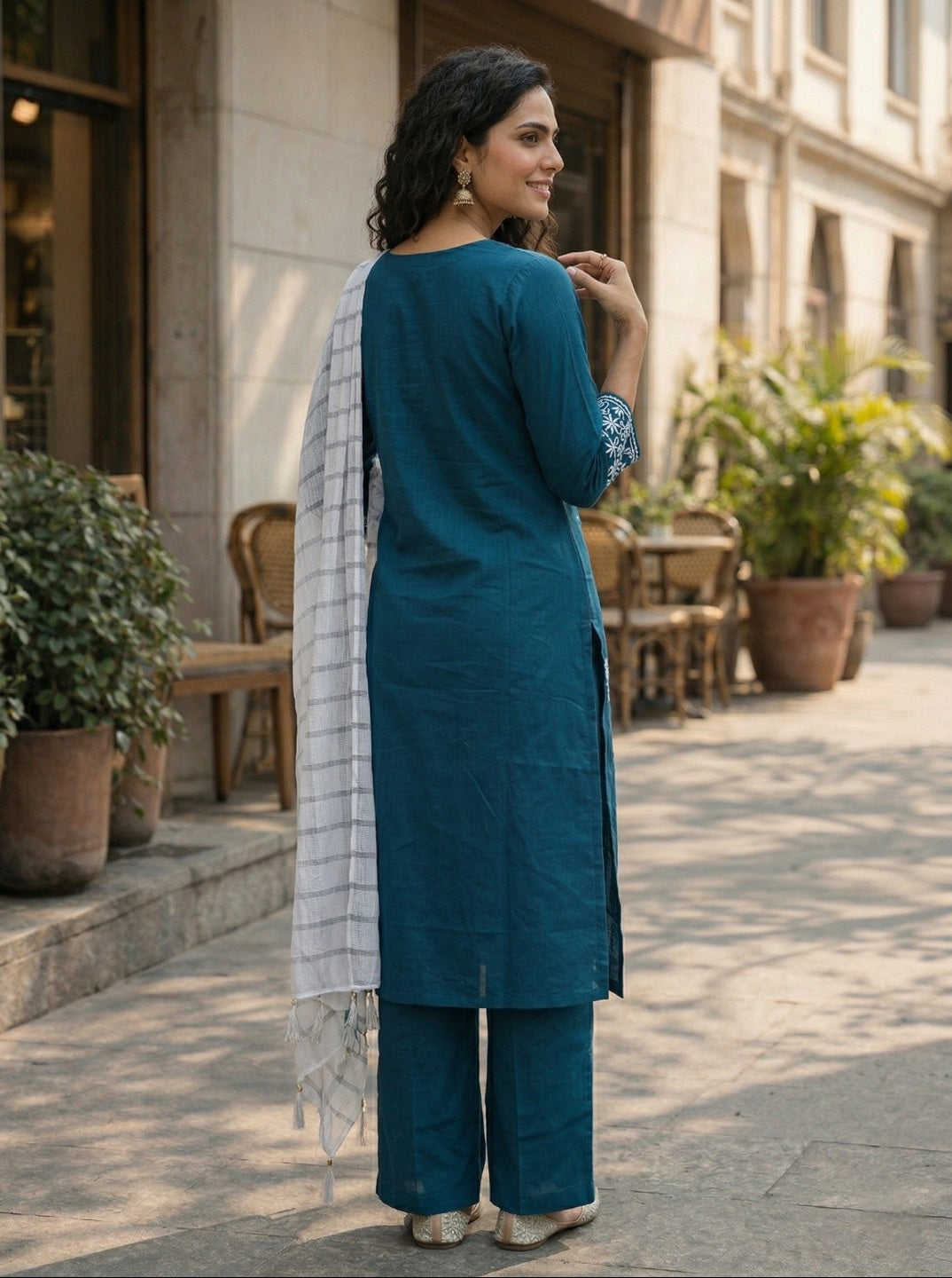 Women’s Teal Embroidered Kurta with Palazzos & Dupatta – Elegant Ethnic Suit Set
