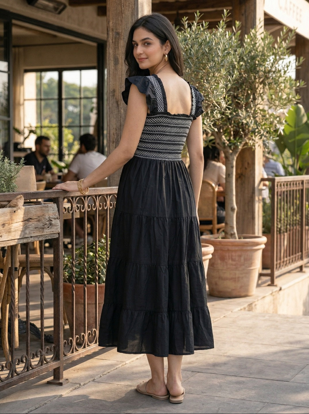 Women’s Smocked Tiered Long Kurta Dress with Ruffle Sleeves – Elegant Flared Ethnic Casual & Summer Wear Kurta.