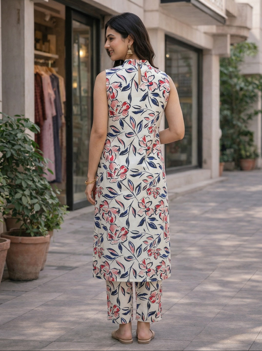 Women Floral Printed 2 Kurta Set with Pants | Sleeveless Straight Kurti Set | Casual Summer Ethnic Wear for Women