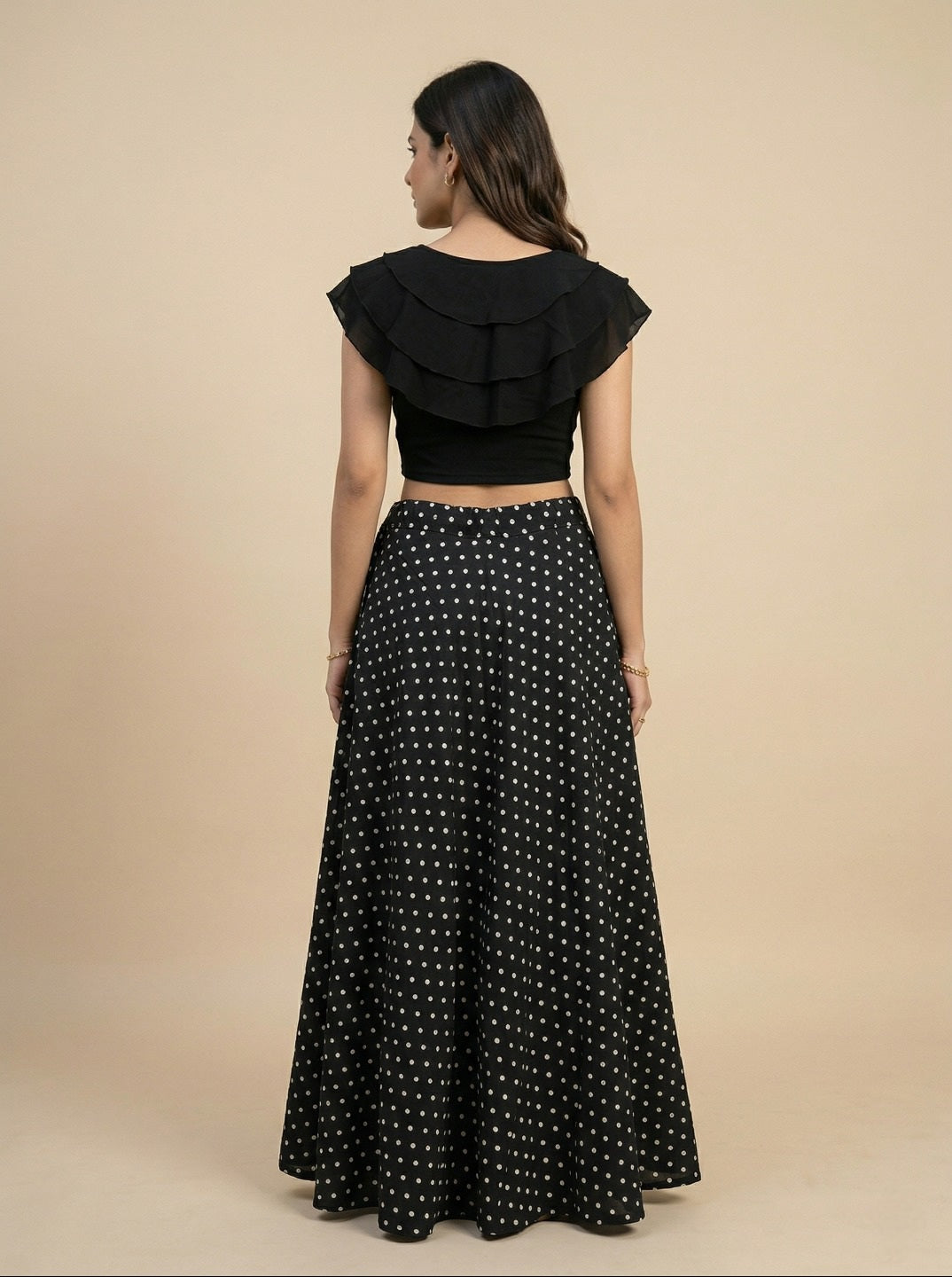 Black Crop Top & Skirt Set for Women | Lycra Crop Top with American Crepe Skirt Party Wear Co-Ord Set