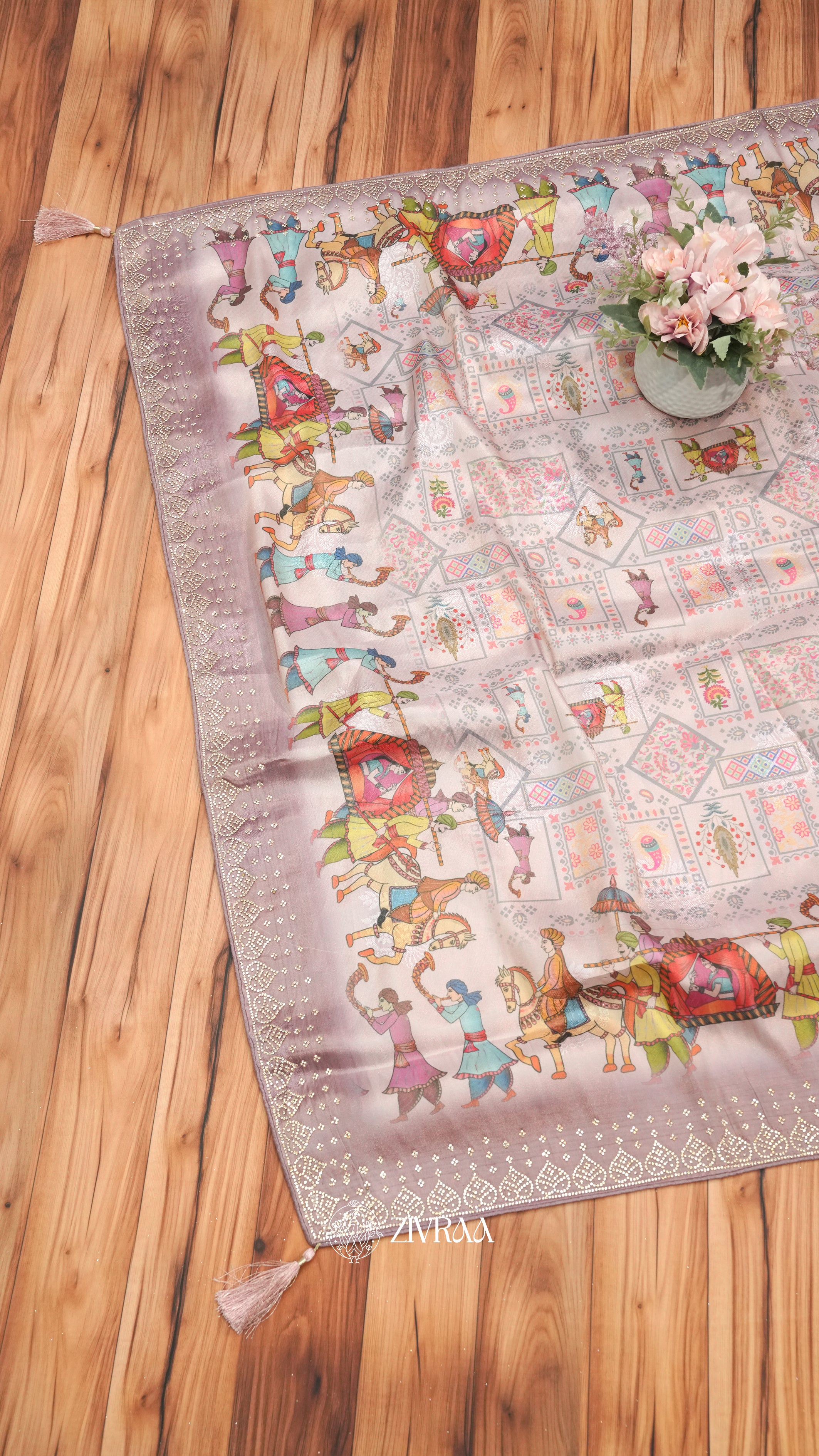 Onion Folk Art Print Saree with Traditional Dance Motif & Decorative Border