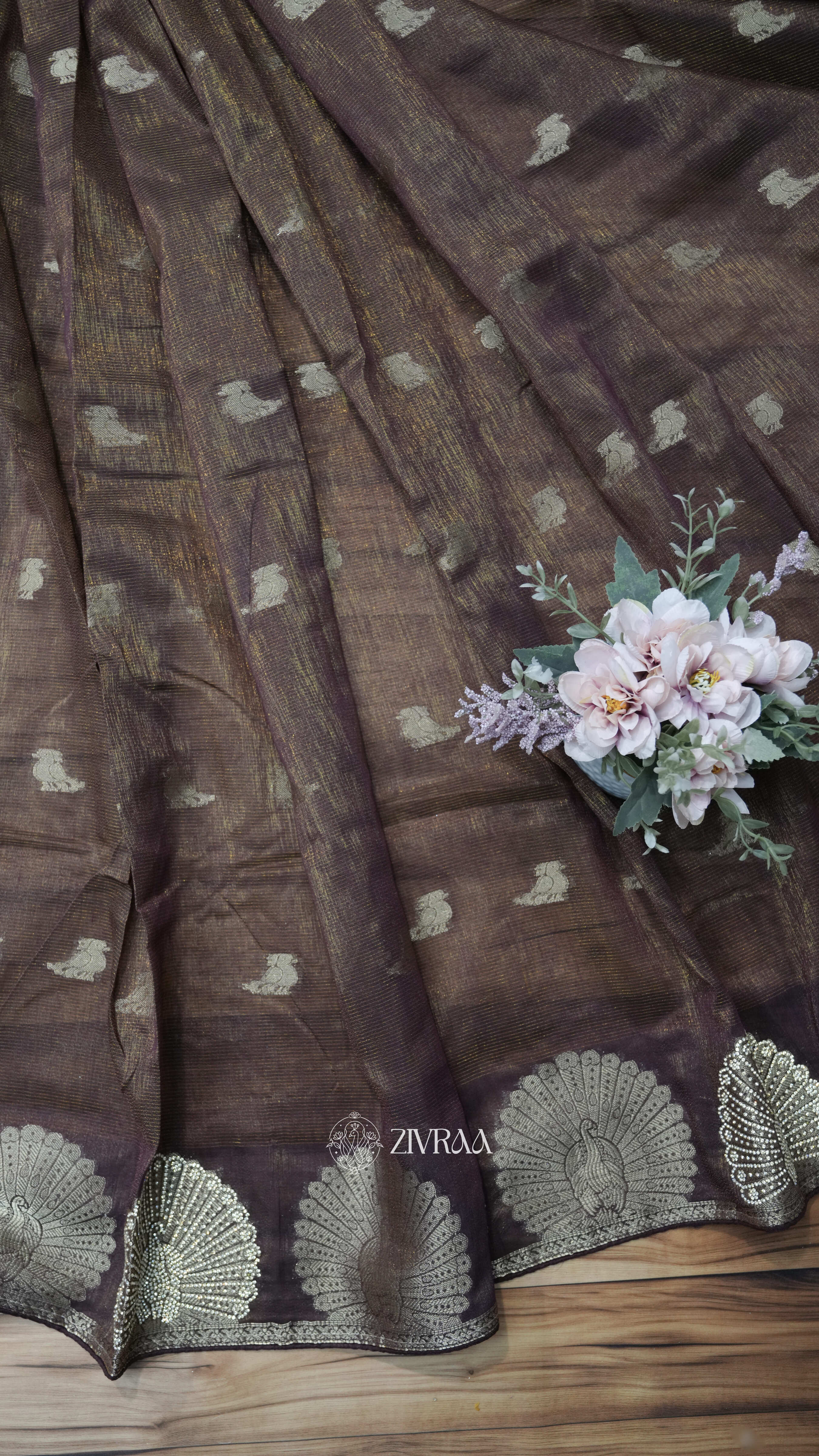 Rust Brown Silk Blend Saree with Swarovski Floral Motif Border