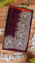 Elegant Wine Maroon Silk Saree with Traditional Silver Zari Figurative Border
